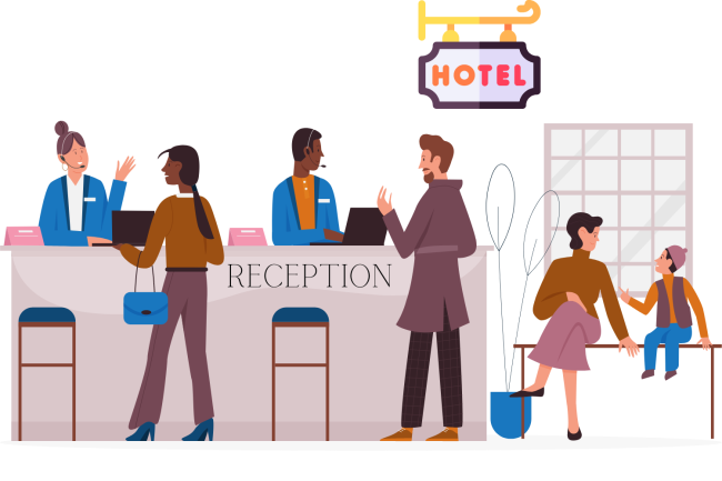 Hotel Réceptionnistes d’hôtel accueillant les clients, avec signature numérique de la politique de confidentialité via smartphone pour un check-in rapide.