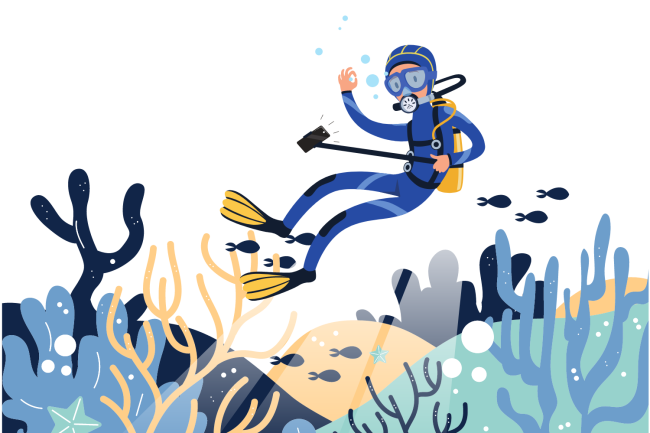 diving-center Plongeur sous-marin en mer, symbolisant la gestion numérique des formulaires de responsabilité et la collecte de données pour les centres de plongée.