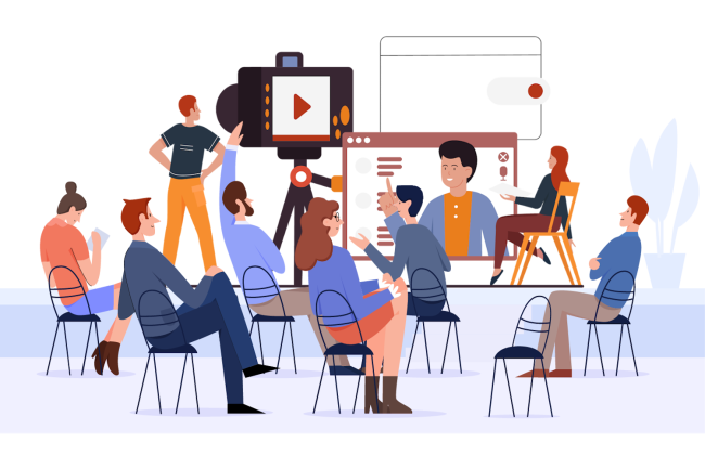 workshop Participants interagissant lors d’une réunion, illustrant la simplification numérique de l’enregistrement aux congrès et ateliers.