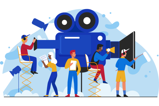 Équipe-de-tournage Équipe de tournage travaillant sur un plateau pendant un filmage, représentant la digitalisation et la simplification de la signature des documents pour l’embauche de figurants.