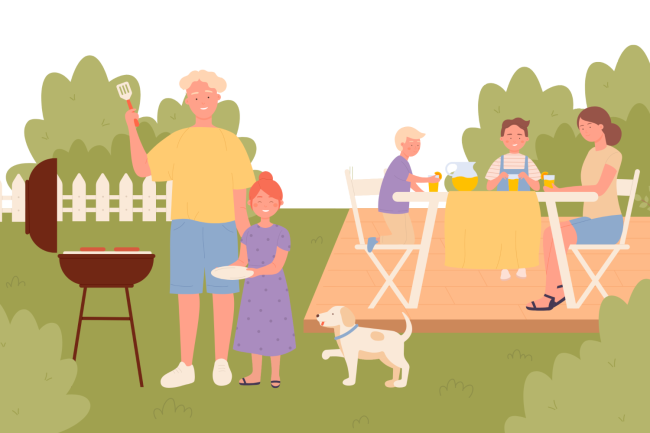 location-de-courte-durée-pour-des-maisons-de-vacances. Famille déjeunant autour d’un barbecue dans le jardin, symbolisant une gestion efficace et numérique des contrats de location de courte durée pour des maisons de vacances.