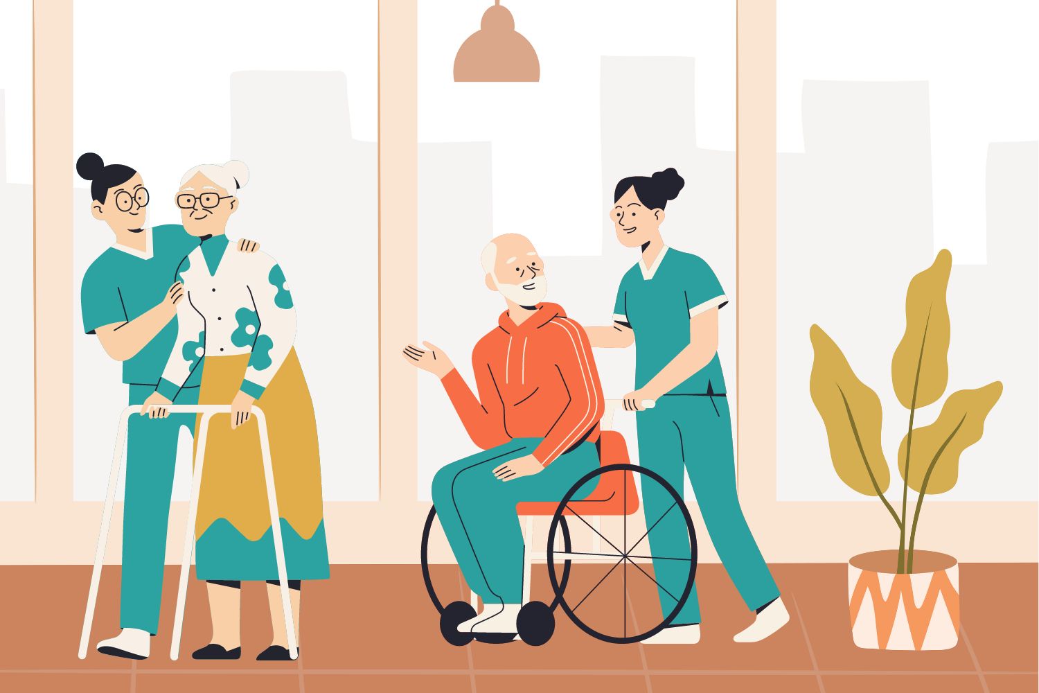 Gesundheitsfachkräfte, die ältere Menschen betreuen, was die Digitalisierung und Optimierung des Dokumentenmanagements in Pflegeheimen darstellt.