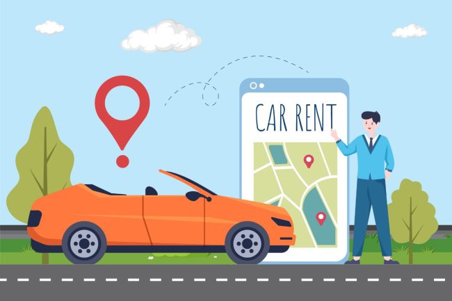 location-de-vehicules Personne attendant la livraison d’une voiture, tenant un smartphone affichant « car rent », symbolisant la digitalisation du service de location de véhicules.