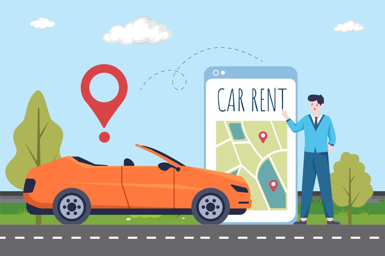 Person wartet auf die Fahrzeugübergabe und hält ein Smartphone mit der Anzeige „car rent“, was die Digitalisierung des Fahrzeugvermietungsservices symbolisiert.