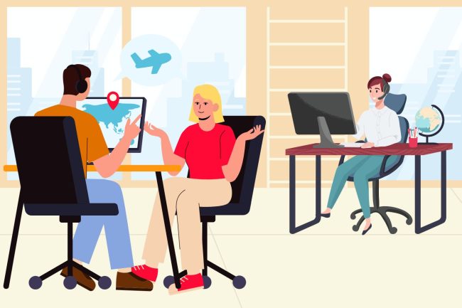 agence-de-voyages Client et agent dans une agence de voyages, avec un collègue en arrière-plan, symbolisant la digitalisation de la gestion d’événements et la collecte de données en ligne.