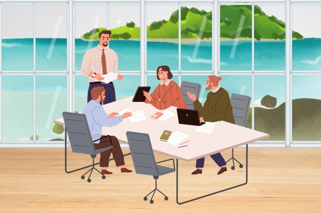 secteur-touristique. Personnes dans un bureau discutant autour d’une table, avec en arrière-plan une image d’une destination balnéaire, représentant la gestion numérique des documents dans le secteur touristique.