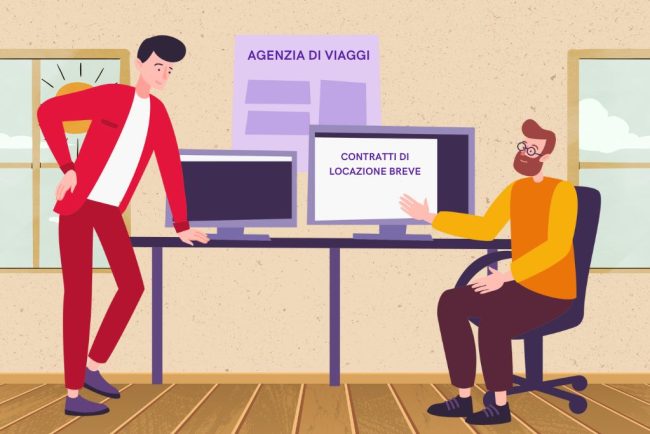 Impiegato in agenzia di viaggi mostra a un cliente sul computer un contratto di locazione breve compilato e firmato digitalmente con FastReply Signature