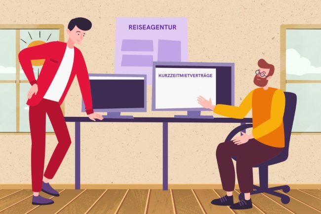 Mitarbeiter eines Reisebüros, der einem Kunden am Computer einen digital ausgefüllten und mit FastReply Signature digital unterschriebenen Kurzzeitmietvertrag zeigt.