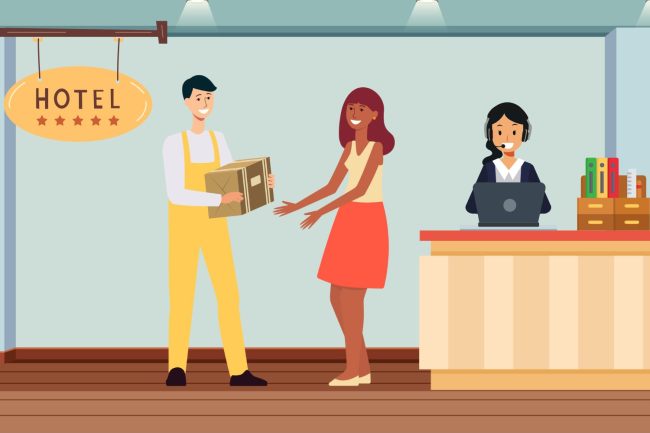 Réception-livraison-de-colis Réceptionniste utilisant un logiciel de signature numérique pour la livraison et la collecte de colis dans un établissement hôtelier.