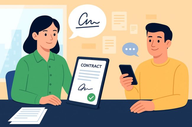 Un'agente immobiliare è seduta a un tavolo e mostra un tablet con un contratto digitale già firmato e con un segno di spunta verde. Di fronte a lei c'è il proprietario dell'immobile, seduto, che guarda soddisfatto il suo smartphone.