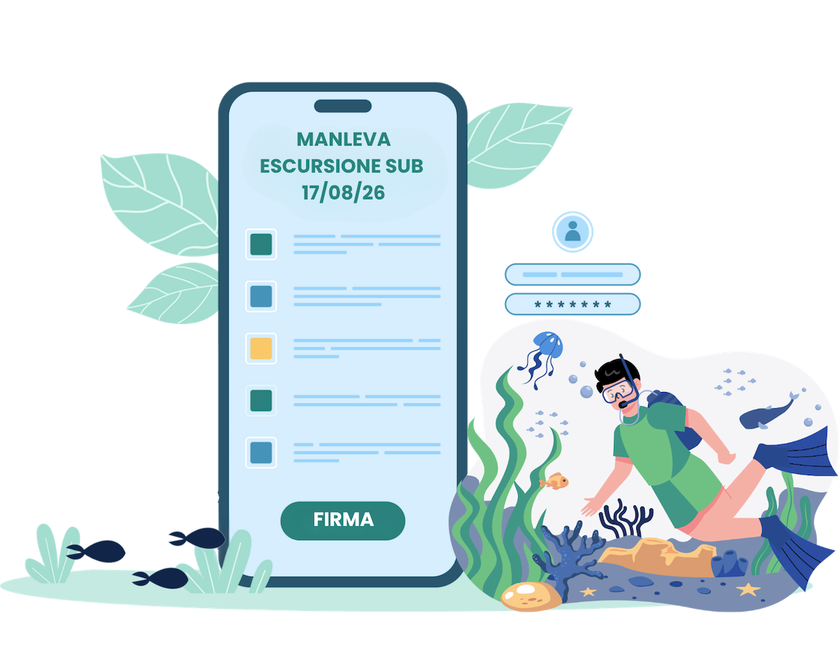 Firma digitale di manleva per diving center tramite smartphone e integrazione AquaDivePro